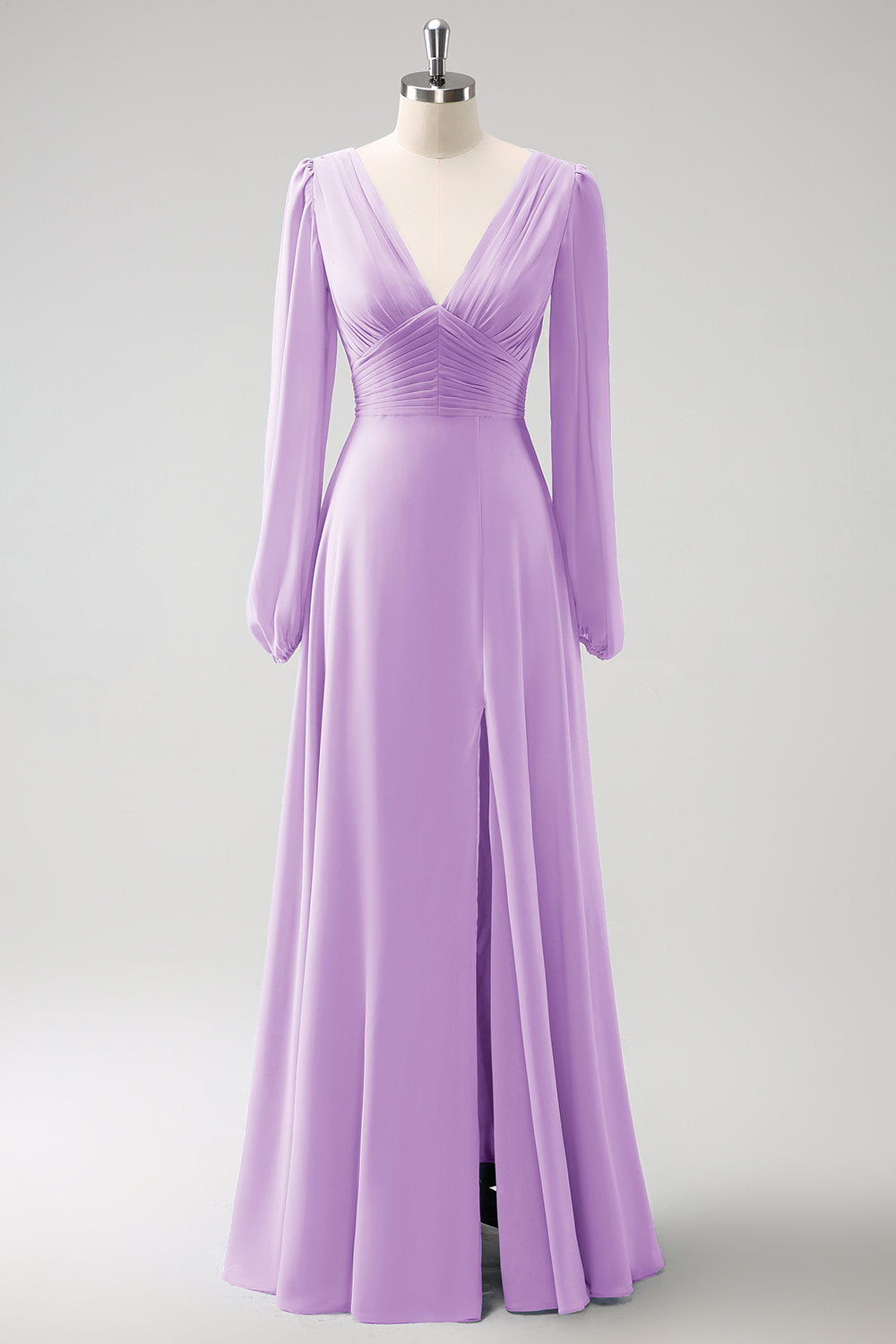 A Linie Grau Blau V-Ausschnitt Chiffon Brautjungfernkleid mit langen Ärmeln