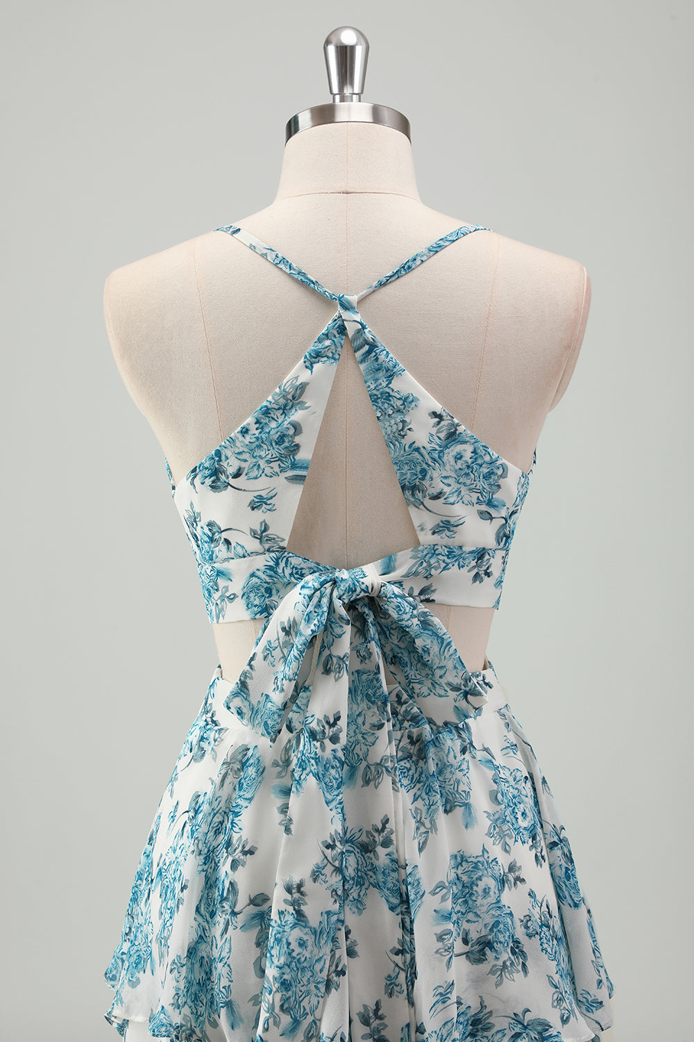 Weiß Blau Blume A Linie gestufte Spaghettiträger Brautjungfernkleid