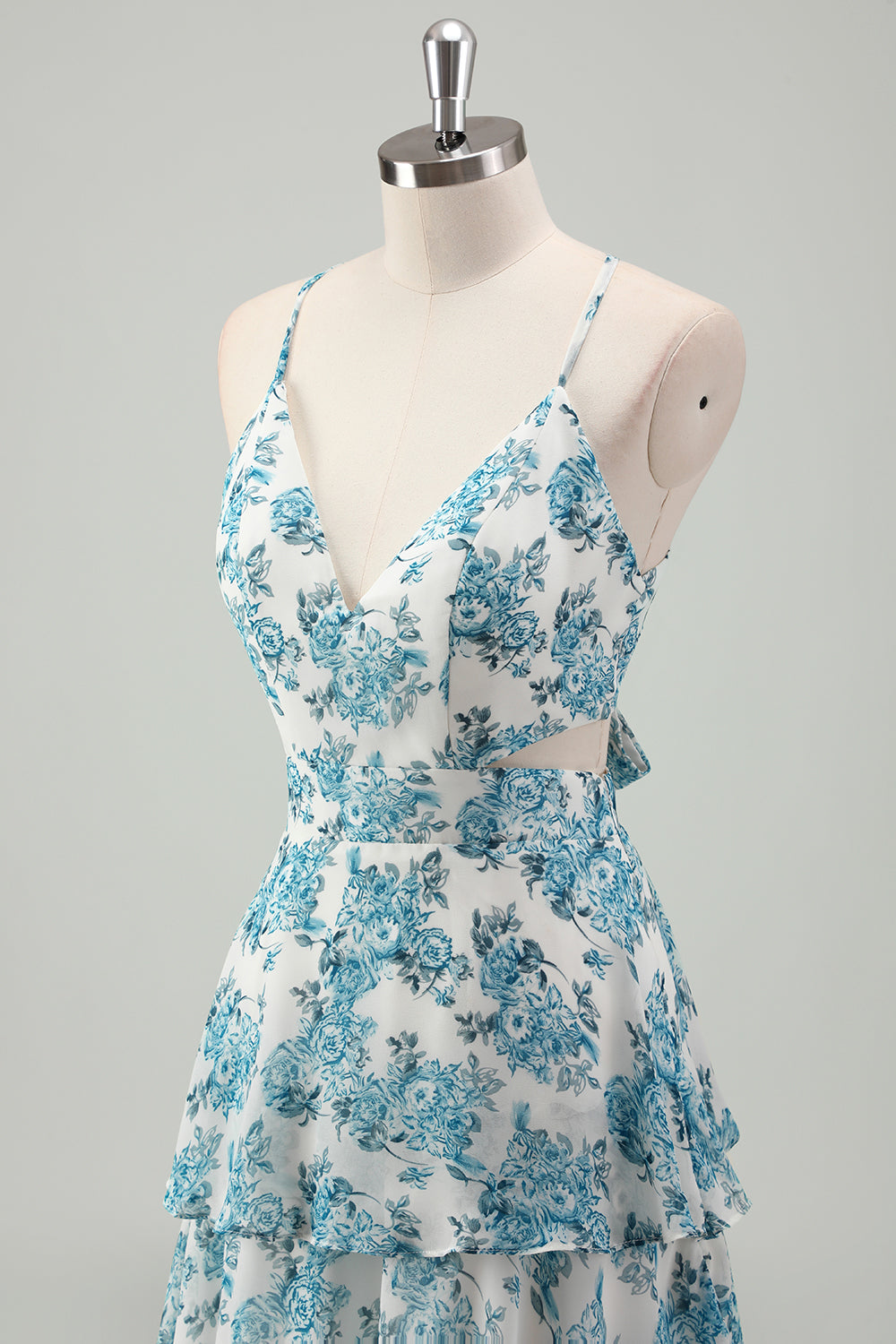 Weiß Blau Blume A Linie gestufte Spaghettiträger Brautjungfernkleid