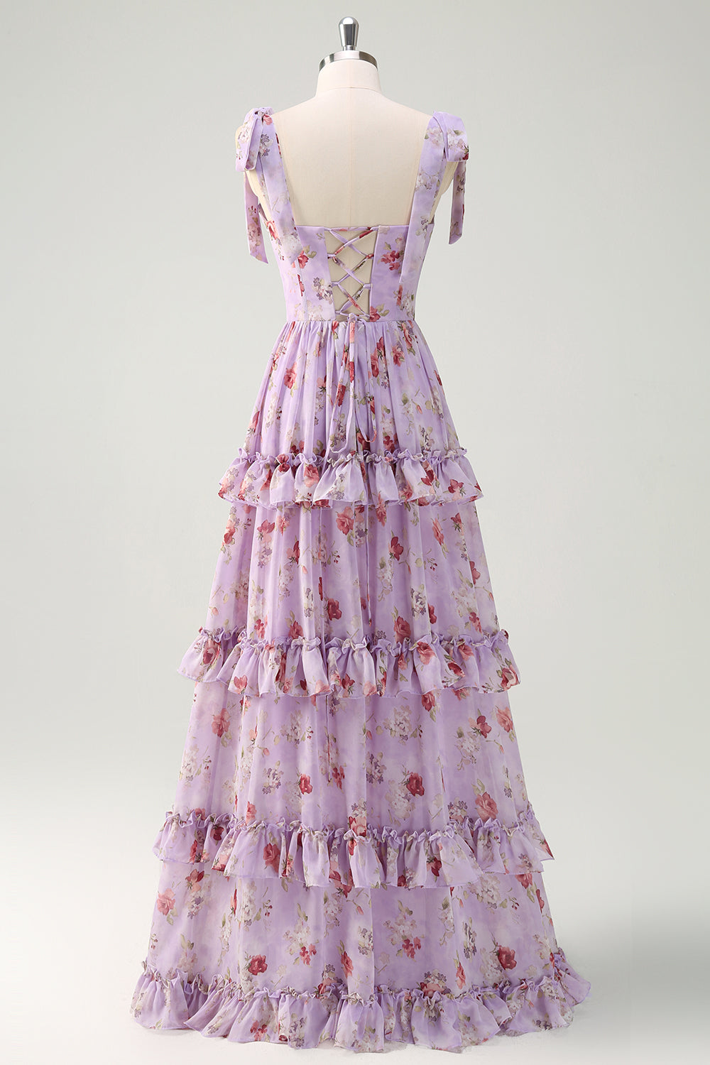 Grau Lila A-Linie gestuftes Brautjungfernkleid mit Blumen druck