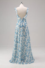 Weiß Blau Blume A Linie Quadratischer Ausschnitt Langes Brautjungfernkleid mit Schlitz