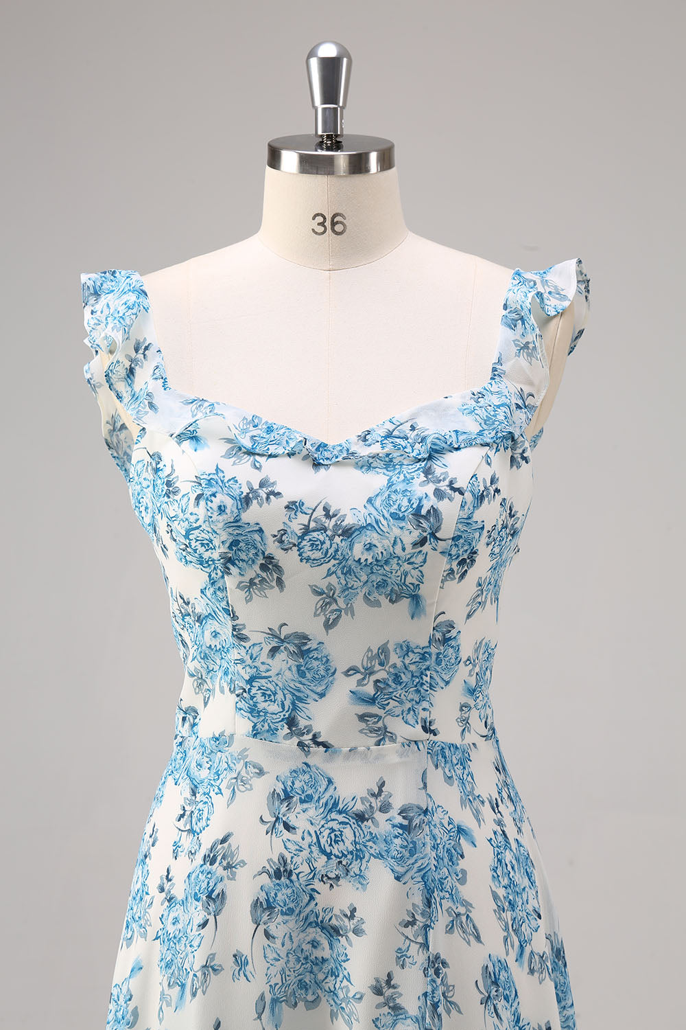 Weiß Blau Blume A Linie Quadratischer Ausschnitt Langes Brautjungfernkleid mit Schlitz