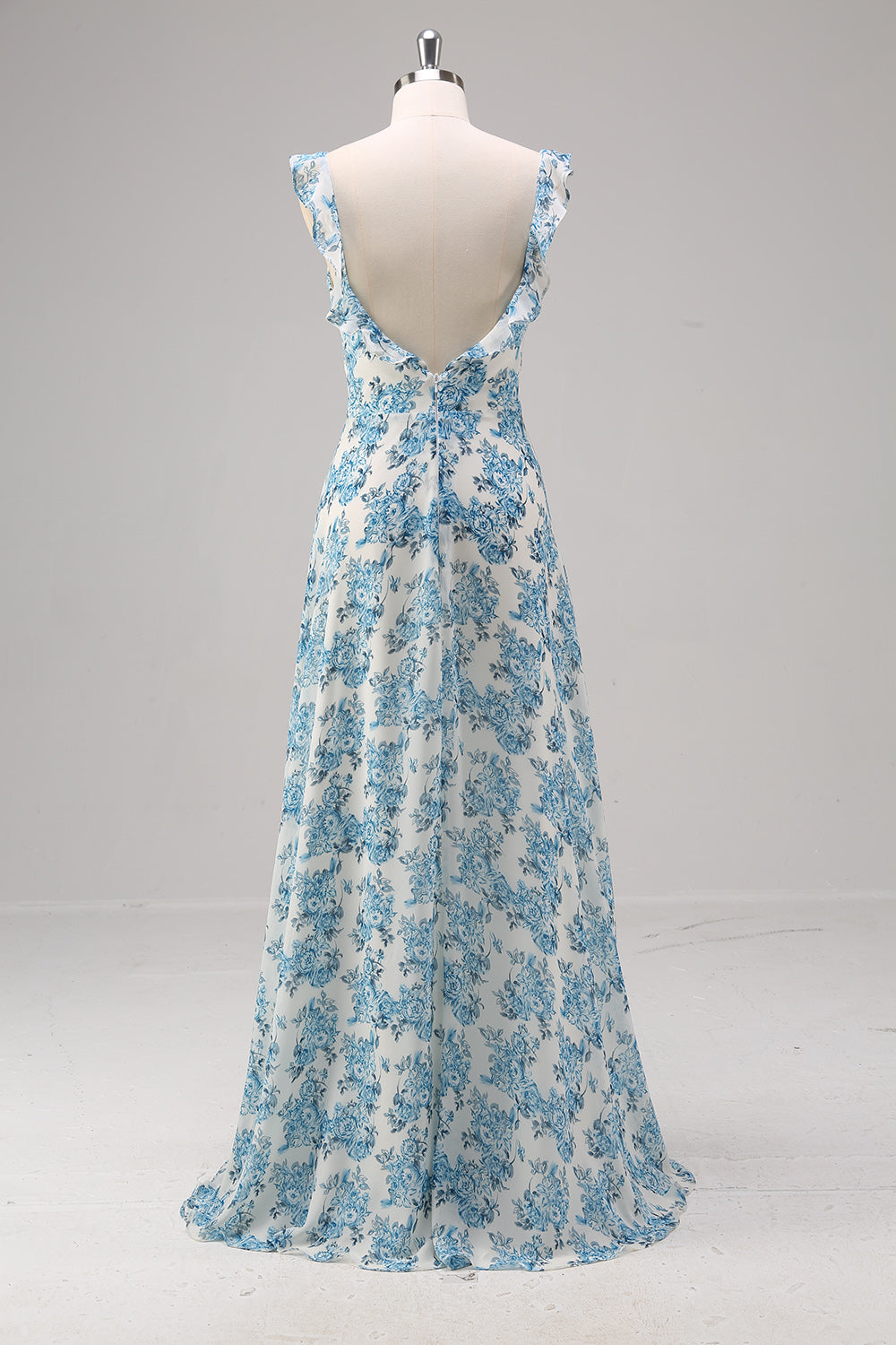 Weiß Blau Blume A Linie Quadratischer Ausschnitt Langes Brautjungfernkleid mit Schlitz