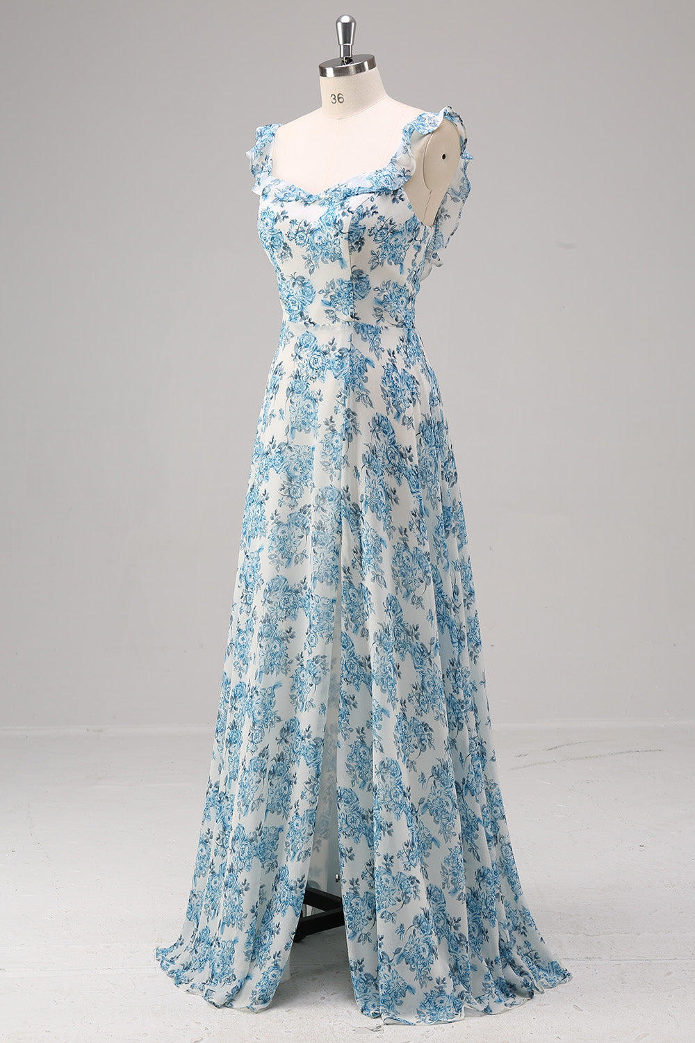 Weiß Blau Blume A Linie Quadratischer Ausschnitt Langes Brautjungfernkleid mit Schlitz