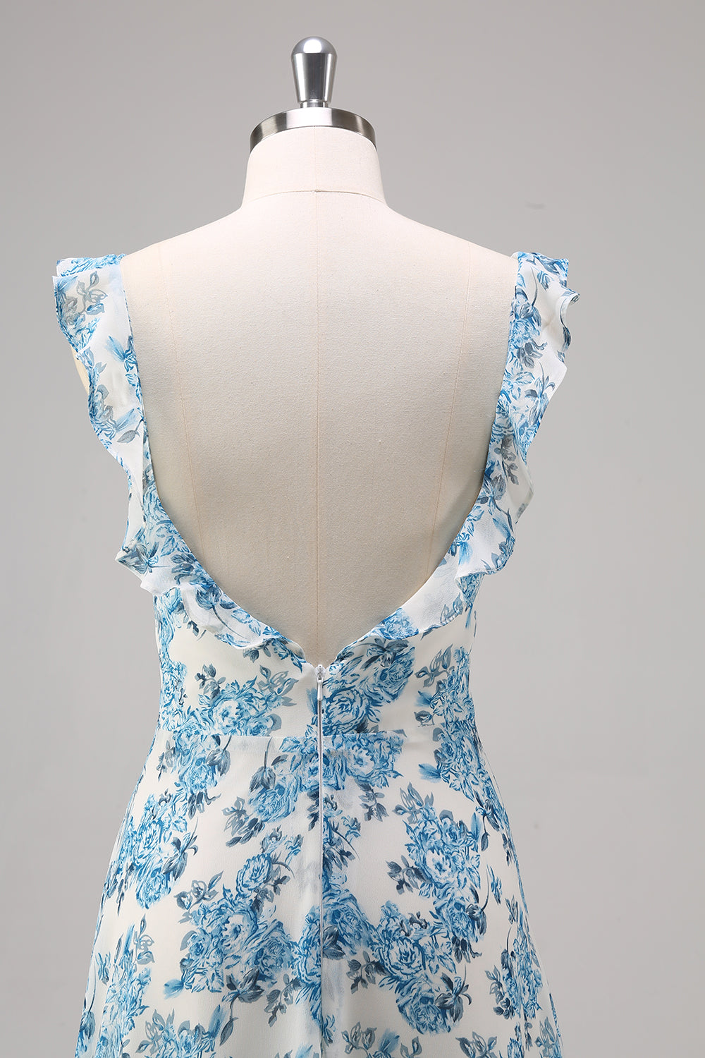 Weiß Blau Blume A Linie Quadratischer Ausschnitt Langes Brautjungfernkleid mit Schlitz