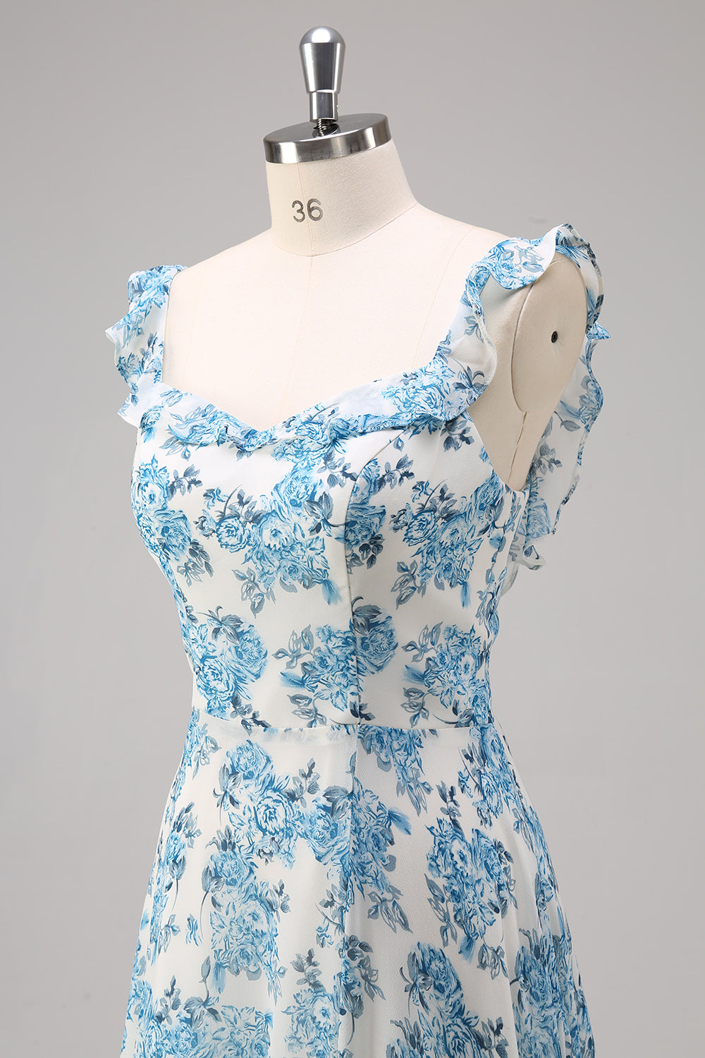Weiß Blau Blume A Linie Quadratischer Ausschnitt Langes Brautjungfernkleid mit Schlitz