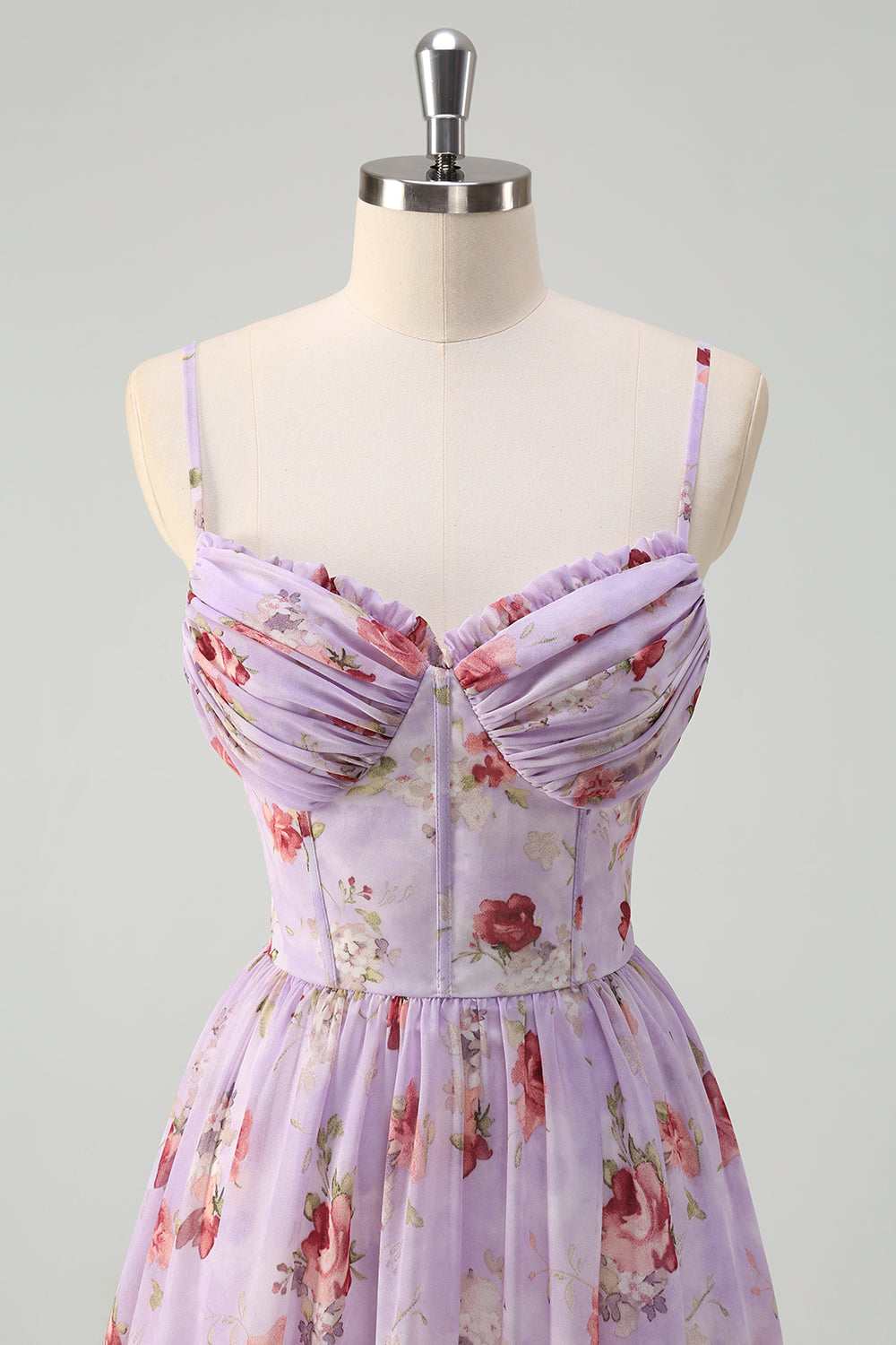 Grau Lila Blumen Korsett A-Linie Spaghettiträger Brautjungfernkleid mit Schlitz