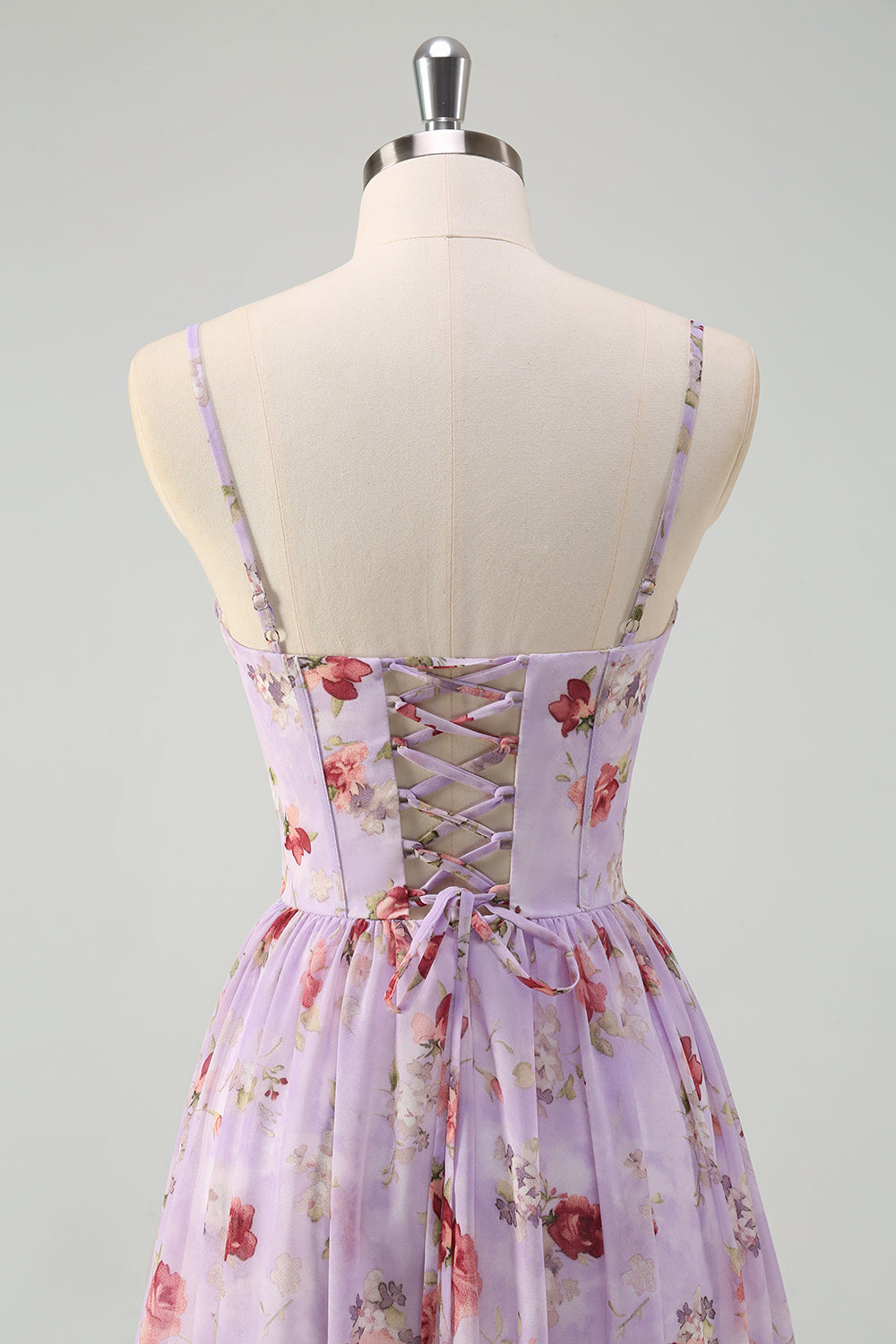Grau Lila Blumen Korsett A-Linie Spaghettiträger Brautjungfernkleid mit Schlitz