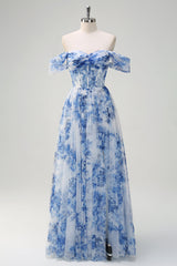 Zapaka Damen Weiß Blau Blume Brautjungfernkleid mit Schlitz A-Linie Schulterfreies Rüschen Hochzeitsgastkleid
