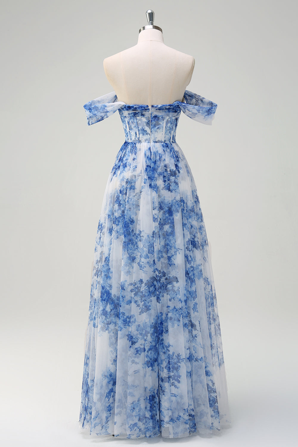 Weiß Blau Blume Schulterfreies Langes Brautjungfernkleid mit Schlitz