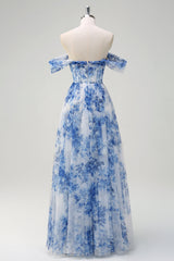 Weiß Blau Blume Schulterfreies A-Linie Brautjungfernkleid mit Schlitz
