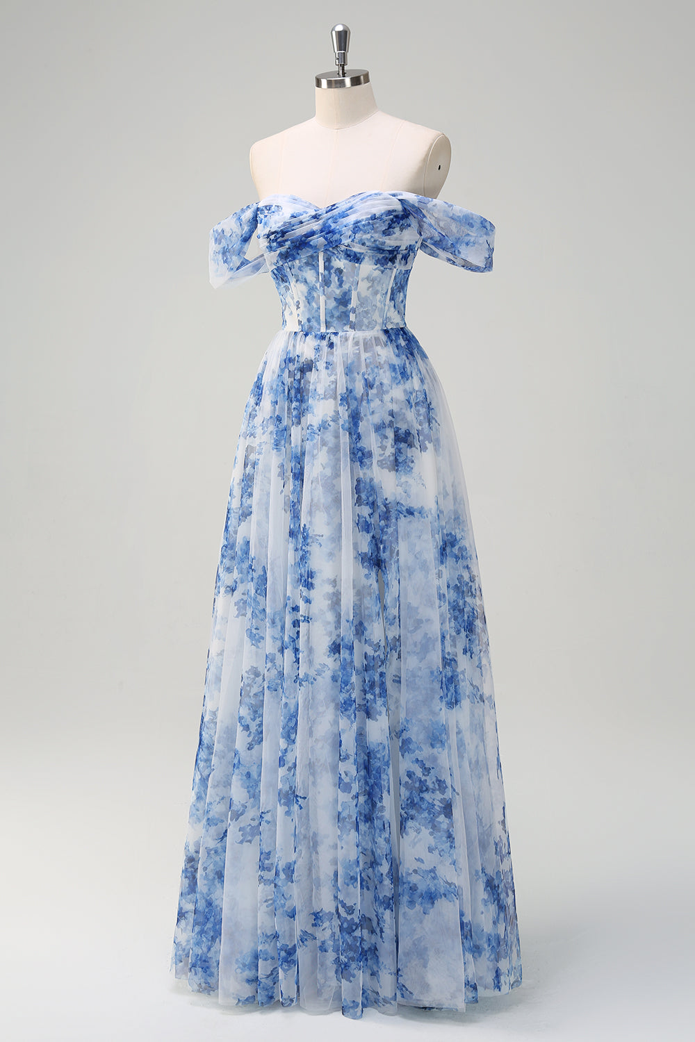 Weiß Blau Blume Schulterfreies A-Linie Brautjungfernkleid mit Schlitz