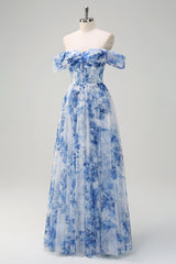 Weiß Blau Blume Schulterfreies A-Linie Brautjungfernkleid mit Schlitz