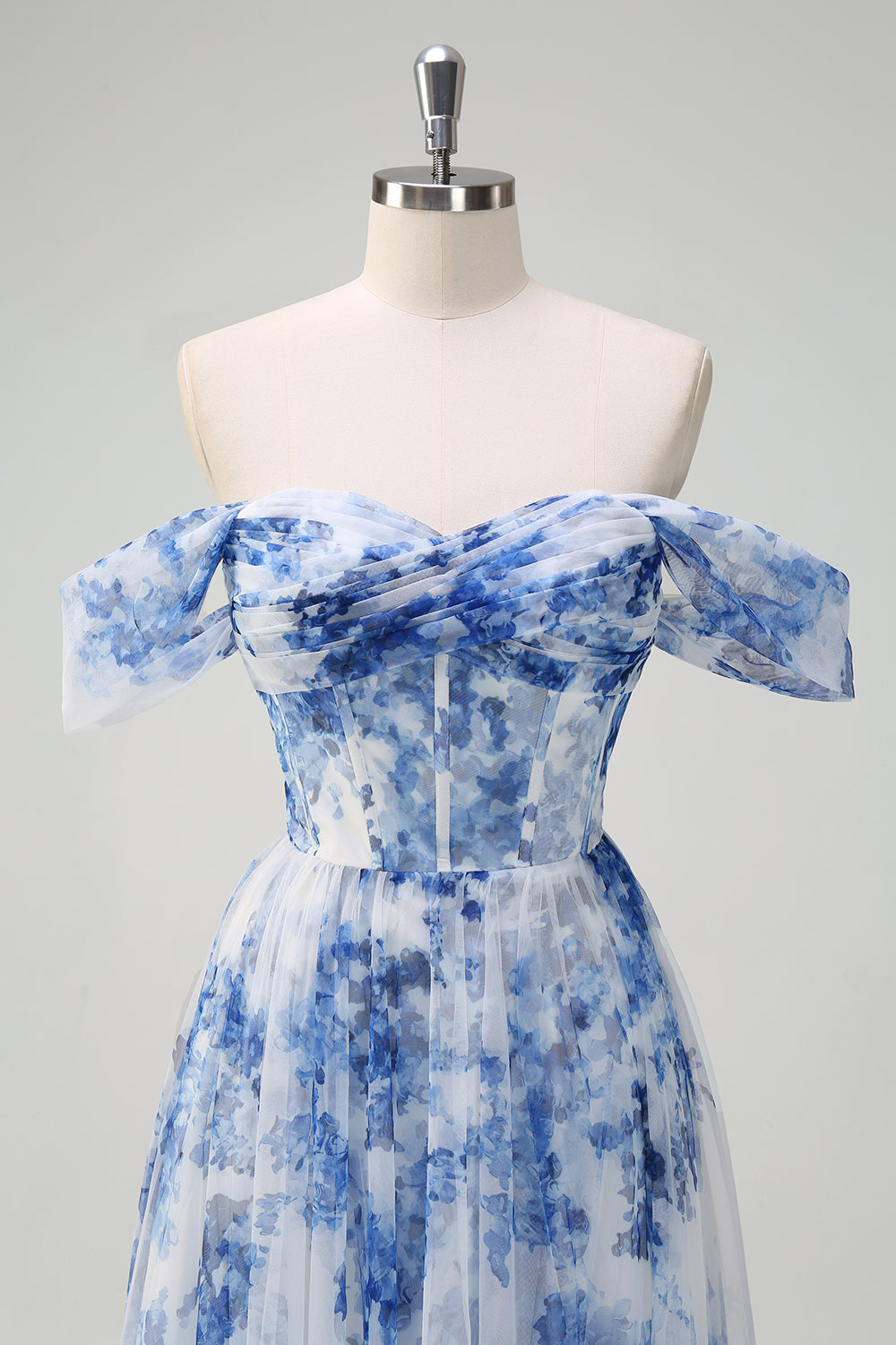 Weiß Blau Blume Schulterfreies A-Linie Brautjungfernkleid mit Schlitz