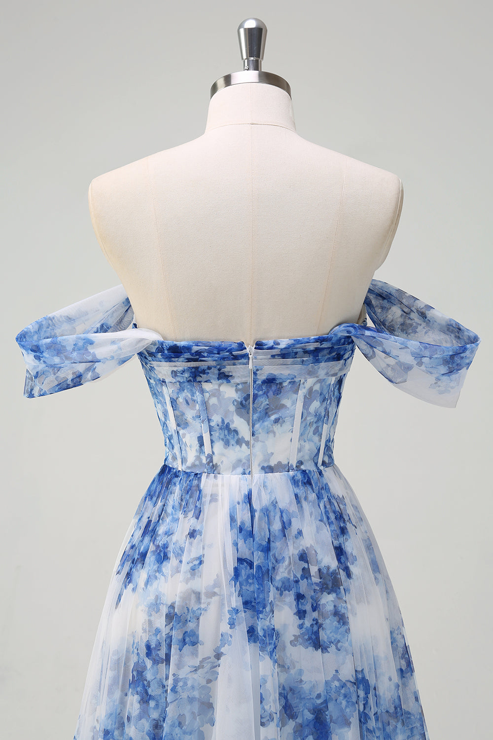 Weiß Blau Blume Schulterfreies A-Linie Brautjungfernkleid mit Schlitz