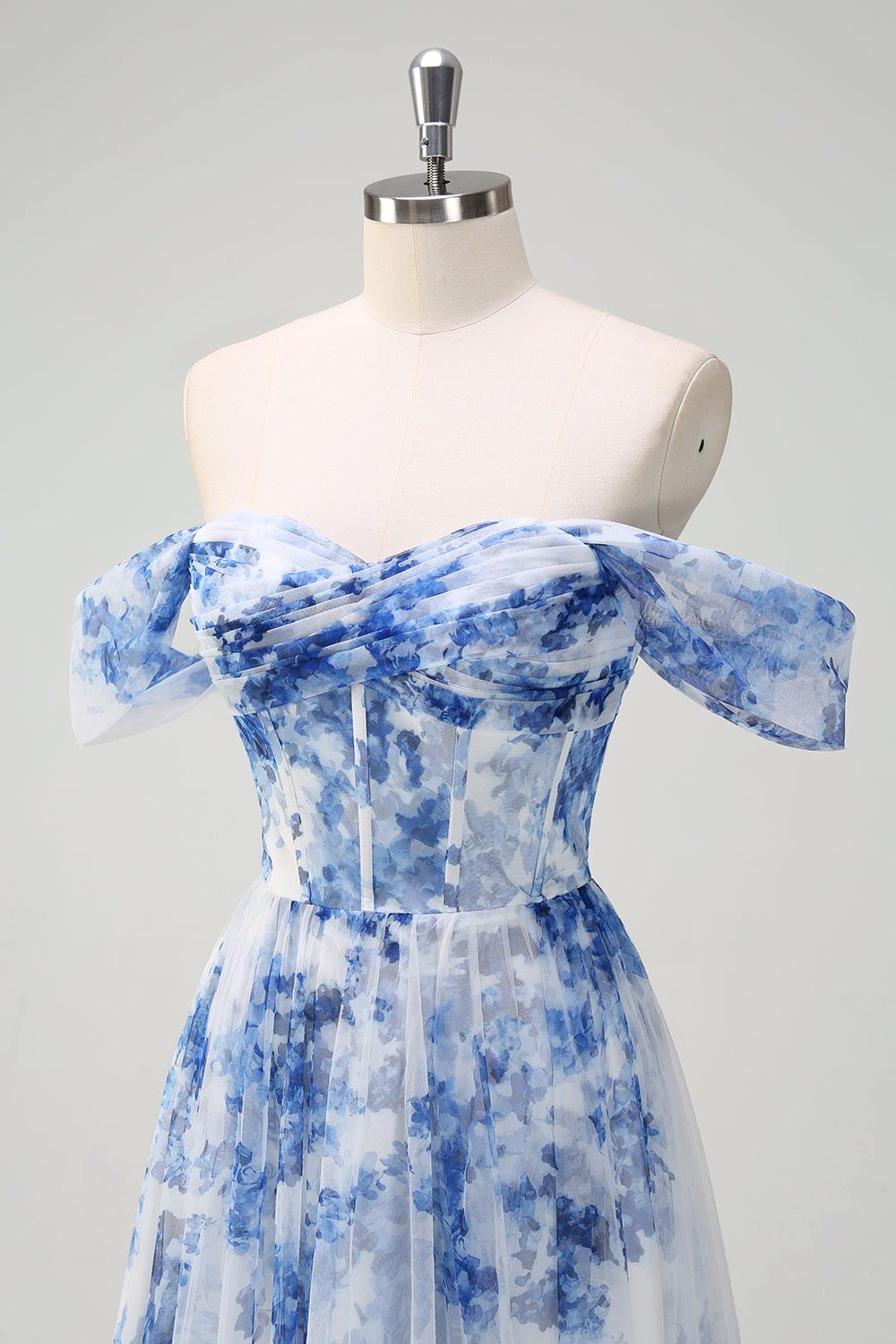 Weiß Blau Blume Schulterfreies A-Linie Brautjungfernkleid mit Schlitz