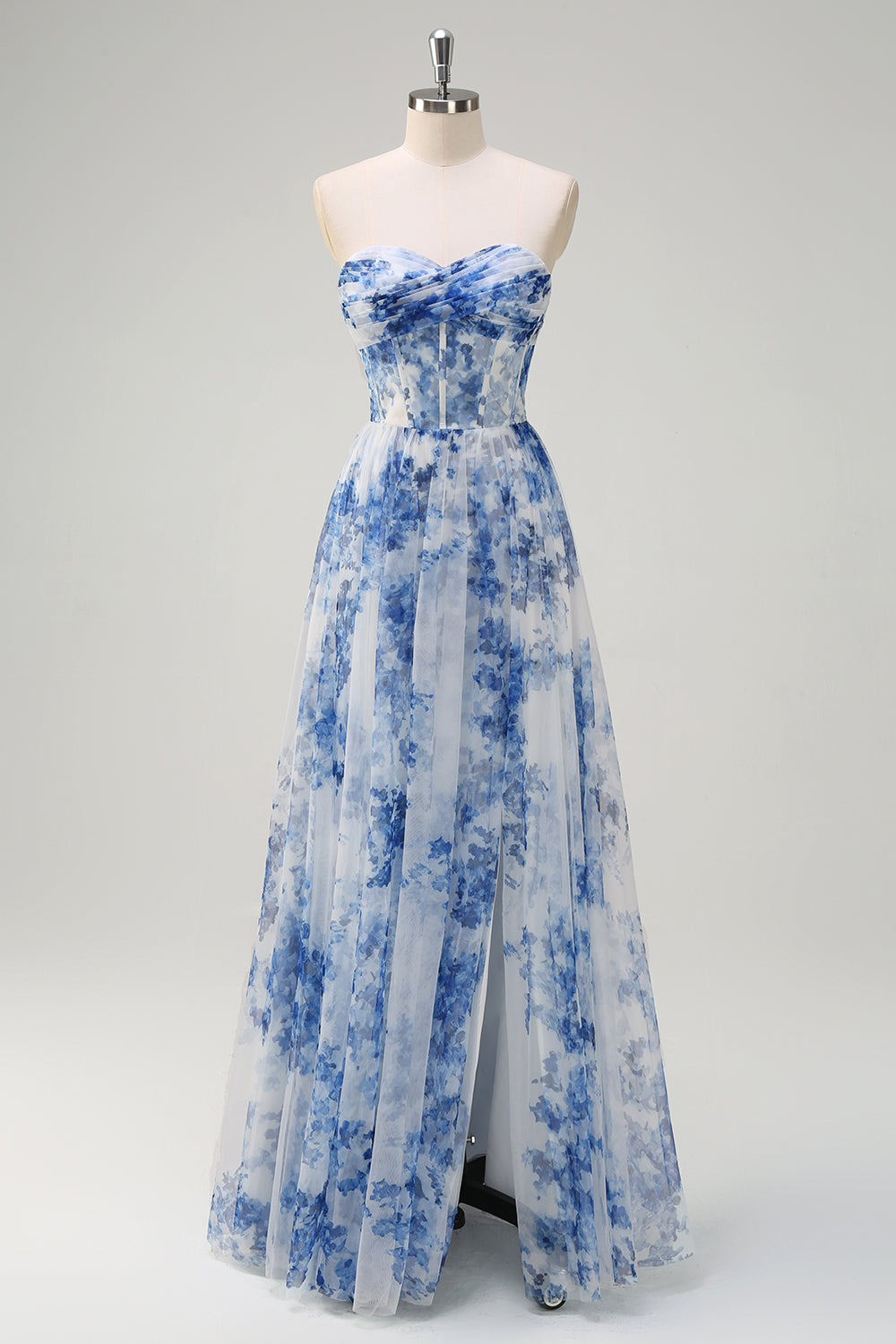 Weiß Blau Blume Schulterfreies A-Linie Brautjungfernkleid mit Schlitz