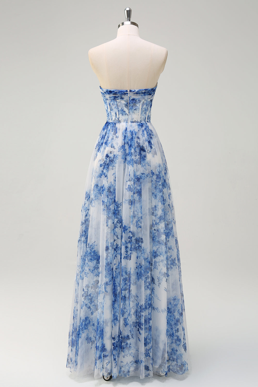 Weiß Blau Blume Schulterfreies A-Linie Brautjungfernkleid mit Schlitz