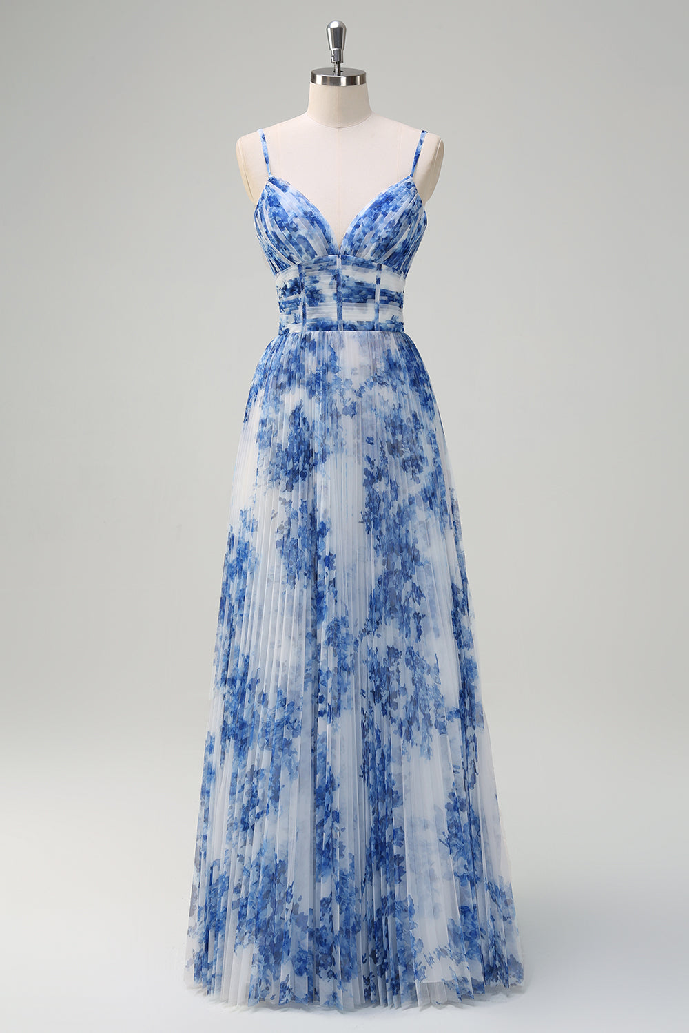 Weiß Blau Blume A-Linie Spaghettiträger Plissee Brautjungfernkleid