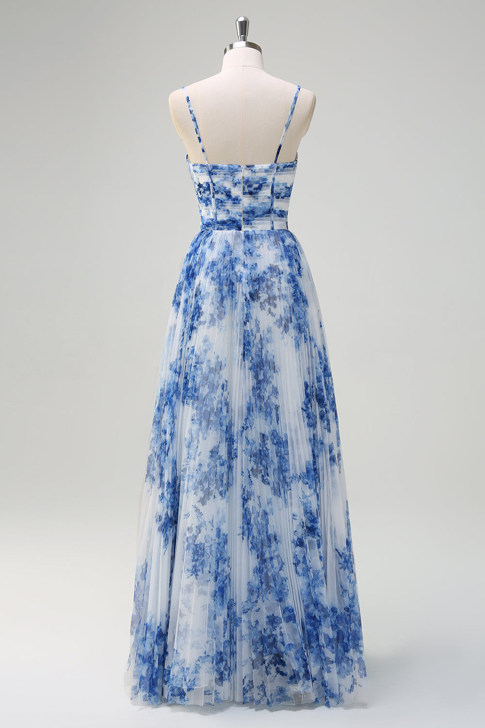 Weiß Blau Blume A-Linie Spaghettiträger Plissee Brautjungfernkleid