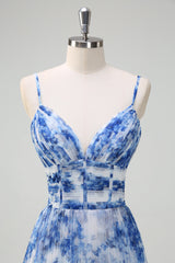 Weiß Blau Blume A-Linie Spaghettiträger Plissee Brautjungfernkleid