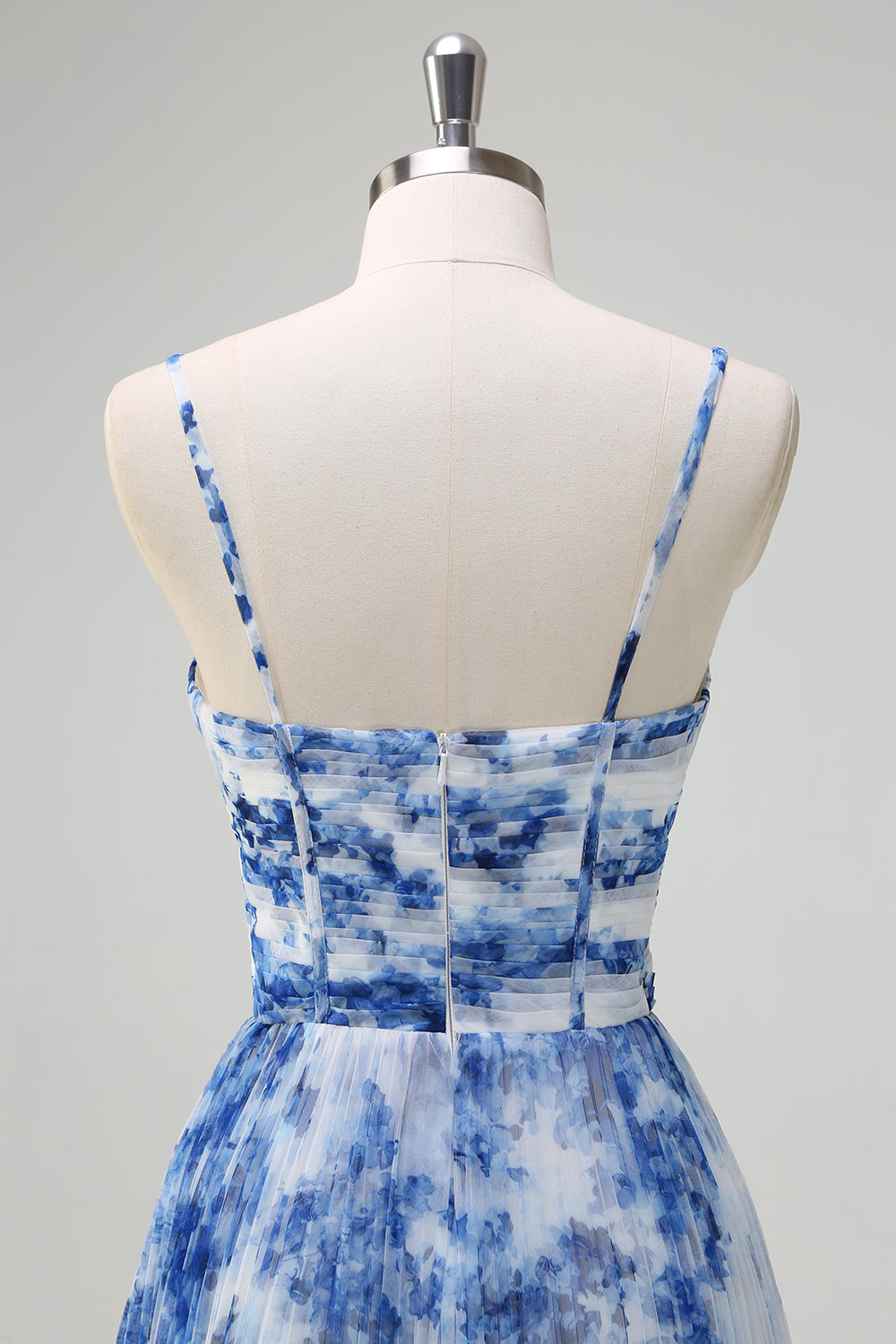 Weiß Blau Blume A-Linie Spaghettiträger Plissee Brautjungfernkleid