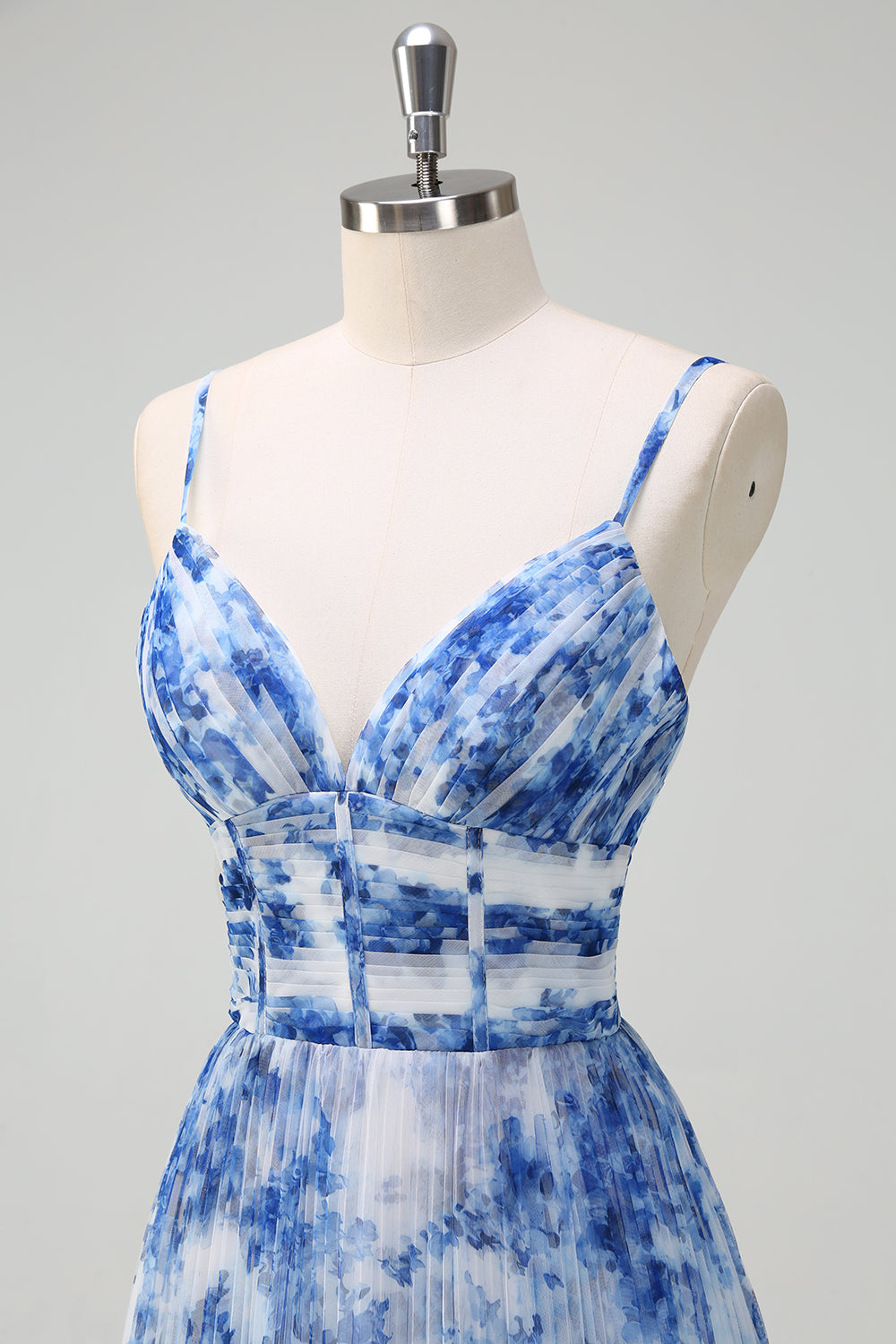 Weiß Blau Blume A-Linie Spaghettiträger Plissee Brautjungfernkleid
