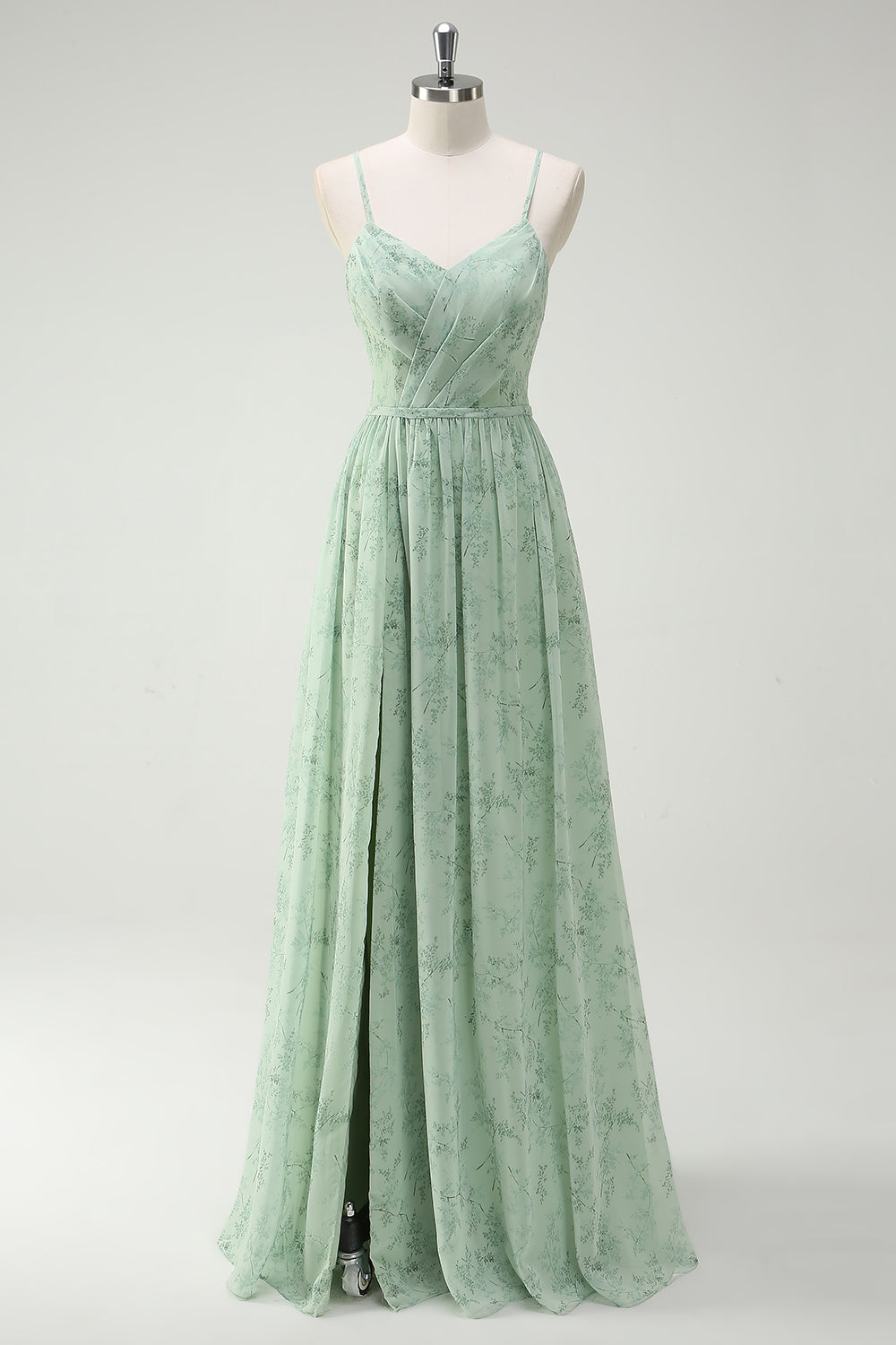 Zapaka Damen Dusty Sage Langes Brautjungfernkleid mit Schlitz A-Linie Spaghettiträger Ballkleid mit Falten