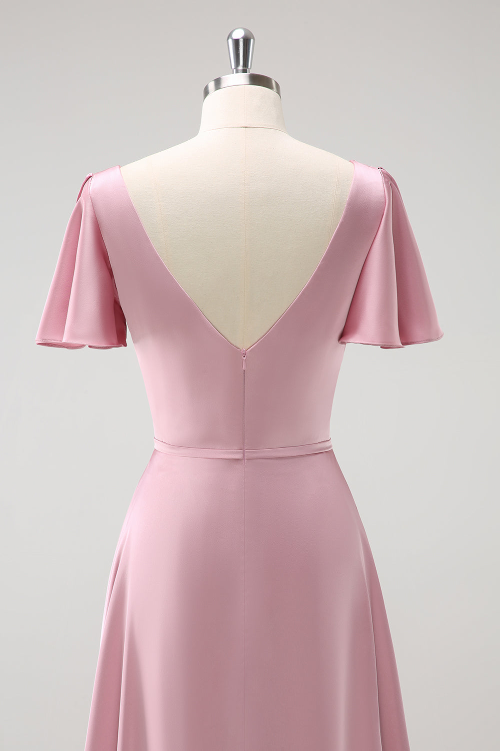 Rosa A-Linien Langes Satin Rüschen Brautjungfernkleid mit kurzen Ärmeln
