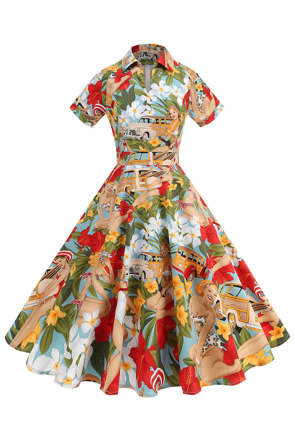 Blumen A Linie bedrucktes Vintage Kleid aus den 1950er Jahren