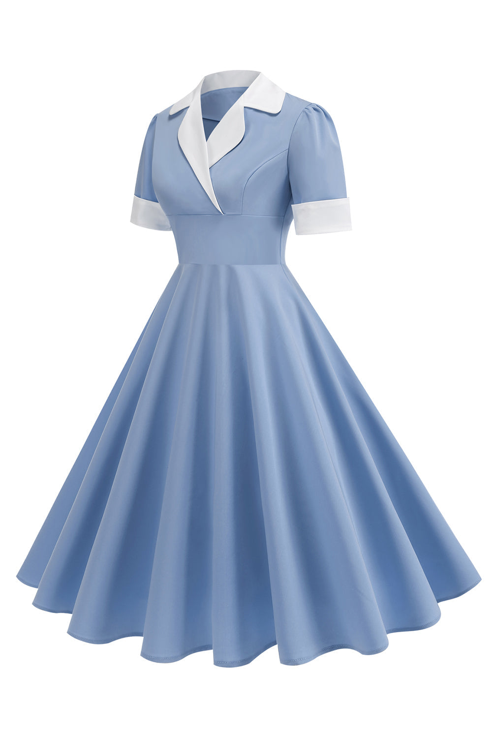 Blaues A-Linie V-Ausschnitt Kleid aus den 1950er Jahren mit kurzen Ärmeln