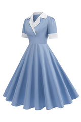 Blaues A-Linie V-Ausschnitt Kleid aus den 1950er Jahren mit kurzen Ärmeln