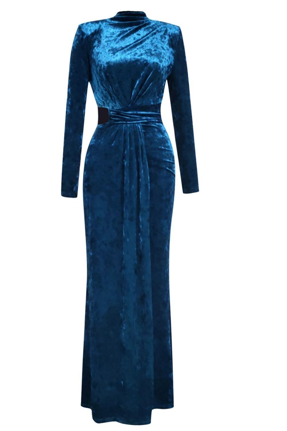Blaues Samt Ballkleid mit hohem Kragen und langen Ärmeln