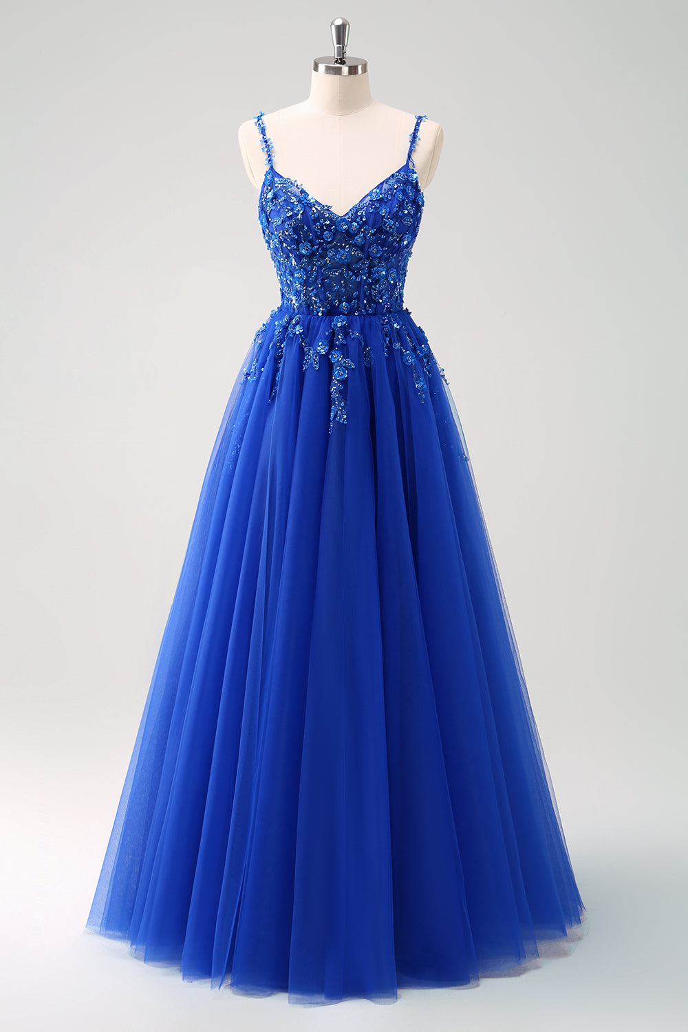 ZAPAKA Damen Königsblaues Ballkleid Korsett A-Linie Pailletten Tüll Spaghettiträger Langes Formelles Abendkleid mit Schnürung Rücken