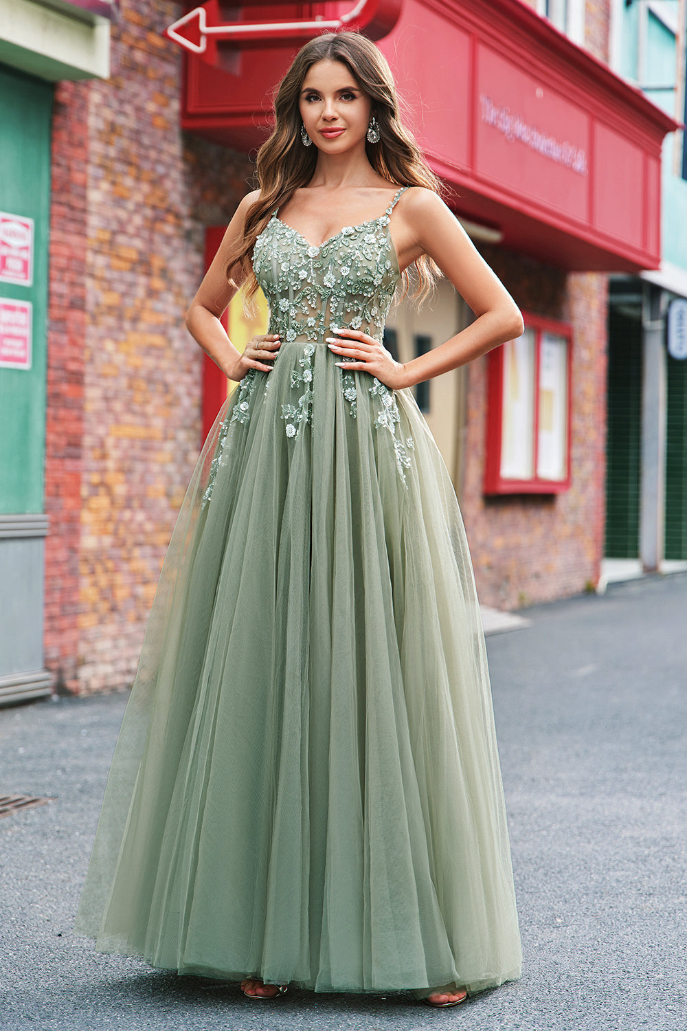 ZAPAKA Damen Grünes Ballkleid Korsett A-Linie Pailletten Tüll Spaghettiträger Langes Formelles Abendkleid mit Schnürung Rücken