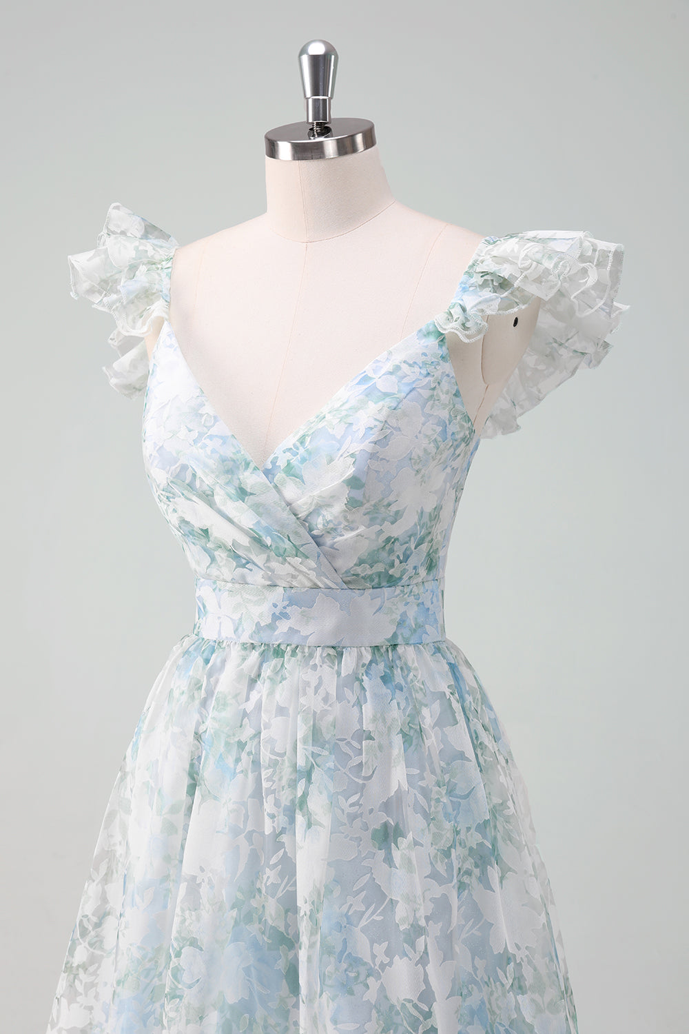 Hellblaues A-Linie Ballkleid mit Blumendruck und Flügelärmeln