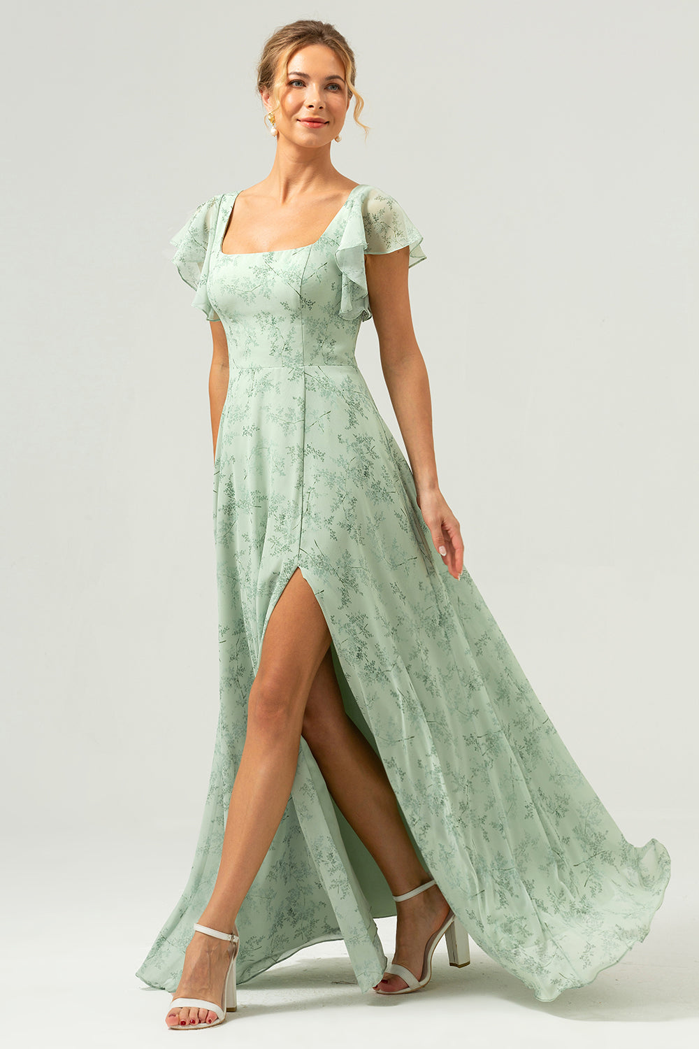 Dusty Sage Langes Brautjungfernkleid mit quadratischem Ausschnitt und bedruckter Blume mit Schlitz