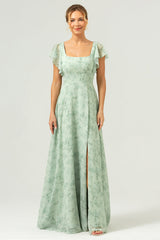 Dusty Sage Langes Brautjungfernkleid mit quadratischem Ausschnitt und bedruckter Blume mit Schlitz