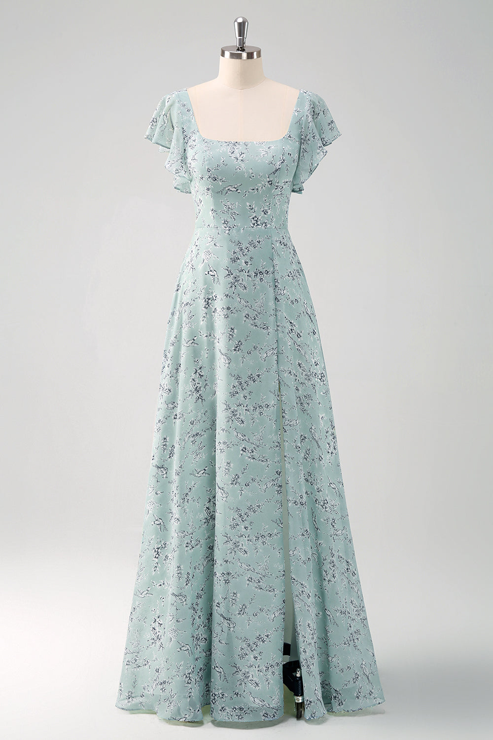 Dusty Sage Langes Brautjungfernkleid mit quadratischem Ausschnitt und bedruckter Blume mit Schlitz