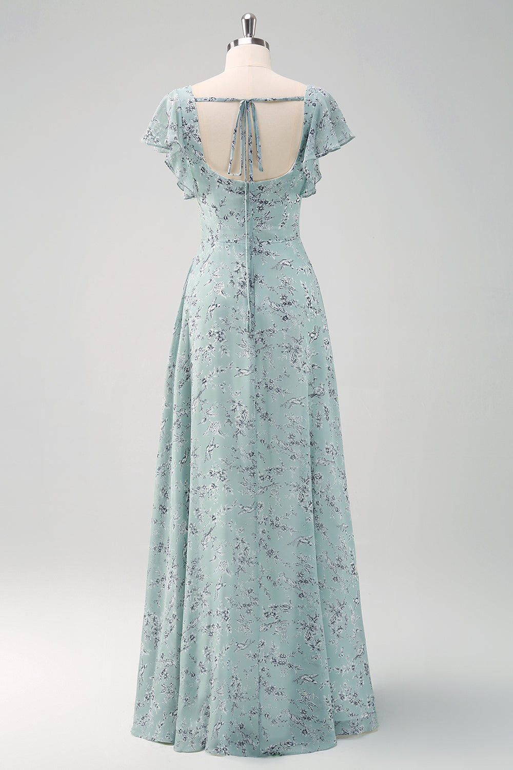 Dusty Sage Langes Brautjungfernkleid mit quadratischem Ausschnitt und bedruckter Blume mit Schlitz