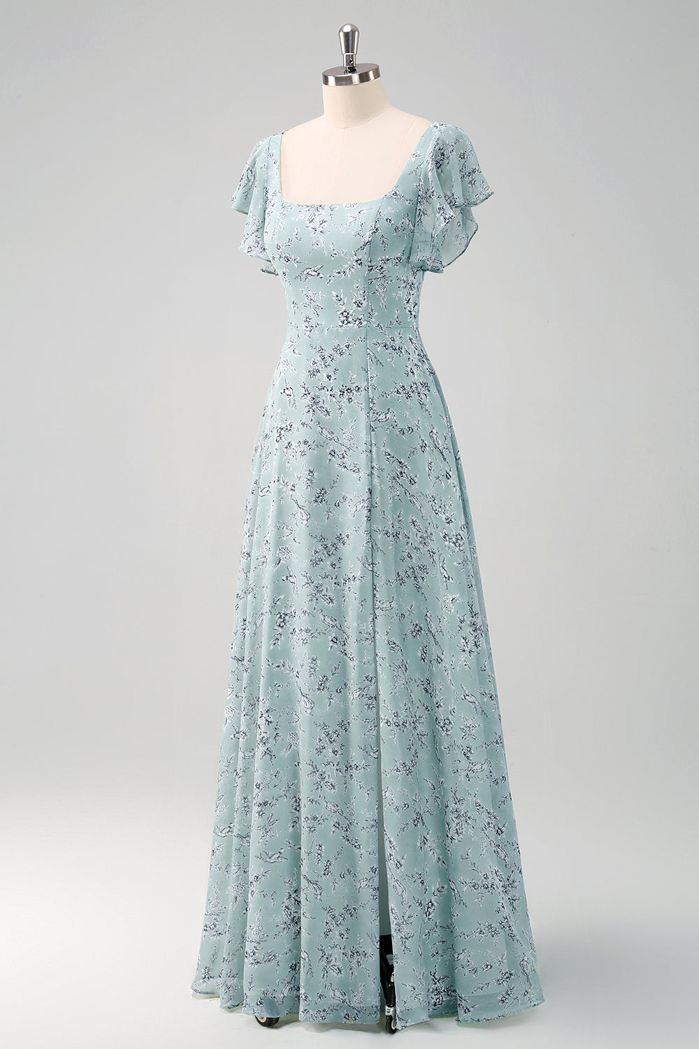 Dusty Sage Langes Brautjungfernkleid mit quadratischem Ausschnitt und bedruckter Blume mit Schlitz