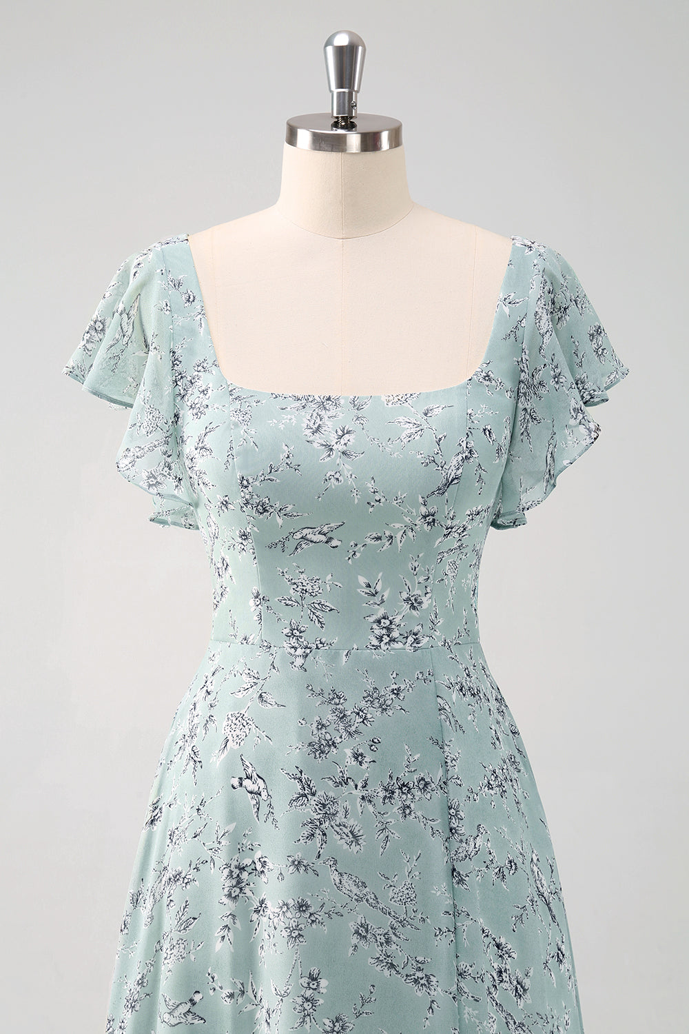 Dusty Sage Langes Brautjungfernkleid mit quadratischem Ausschnitt und bedruckter Blume mit Schlitz