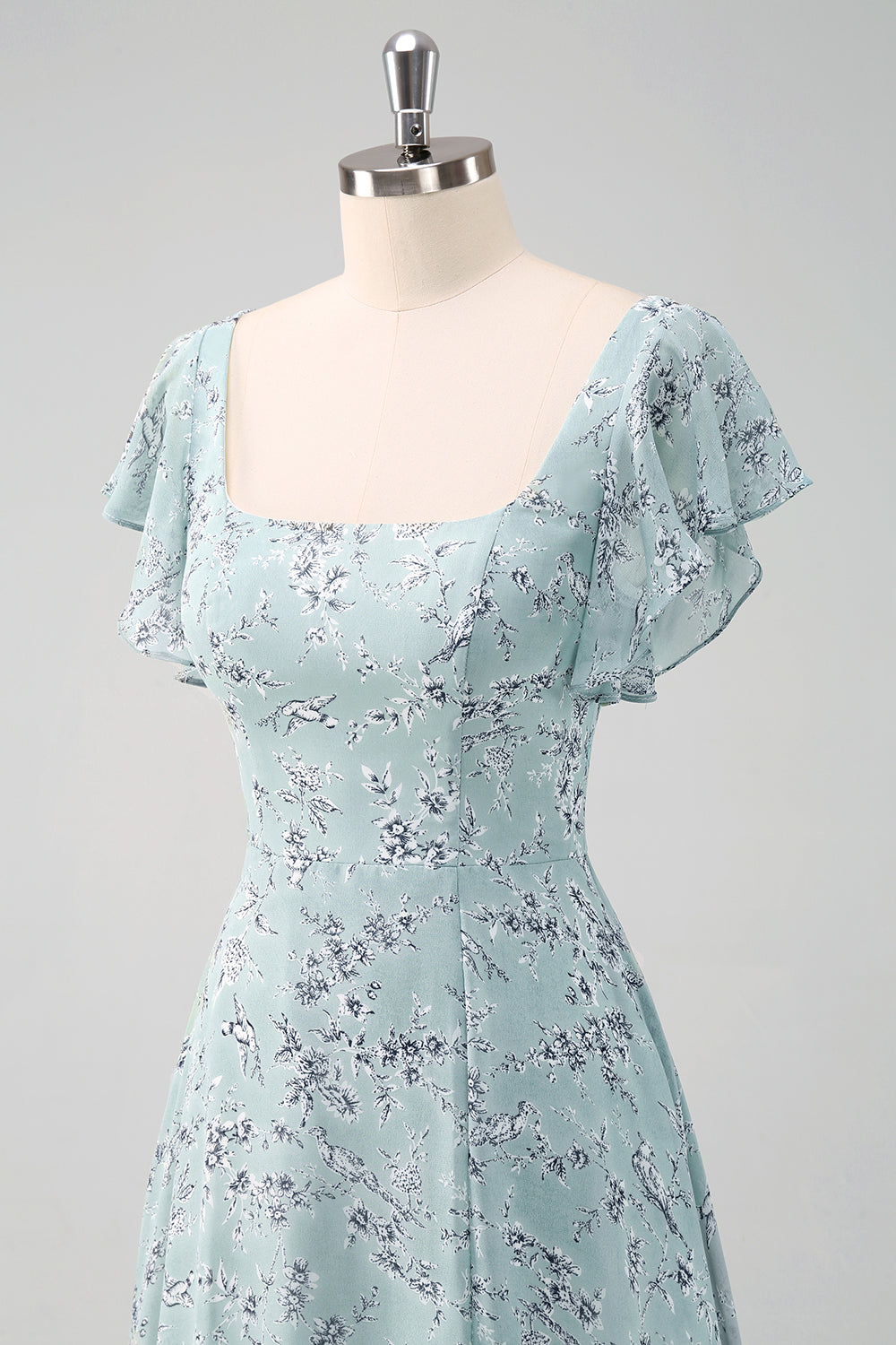 Dusty Sage Langes Brautjungfernkleid mit quadratischem Ausschnitt und bedruckter Blume mit Schlitz
