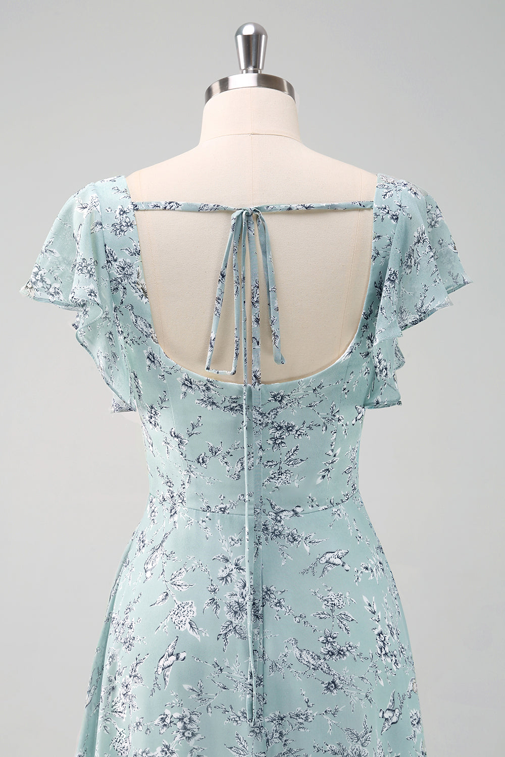 Dusty Sage Langes Brautjungfernkleid mit quadratischem Ausschnitt und bedruckter Blume mit Schlitz