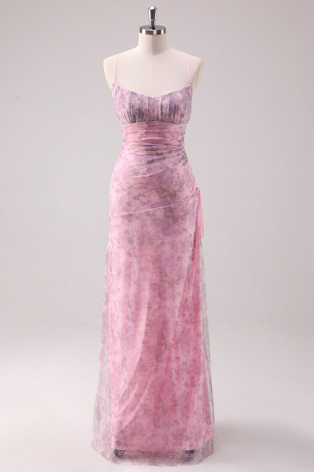 Zapaka Damen Rosa Blumen Spaghettiträger Ballkleid Etui Langes Abendkleid mit Schnürung Rücken