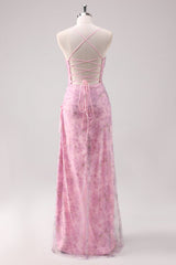 Rosa Geblümtes Spaghettiträger Etui Abendkleid