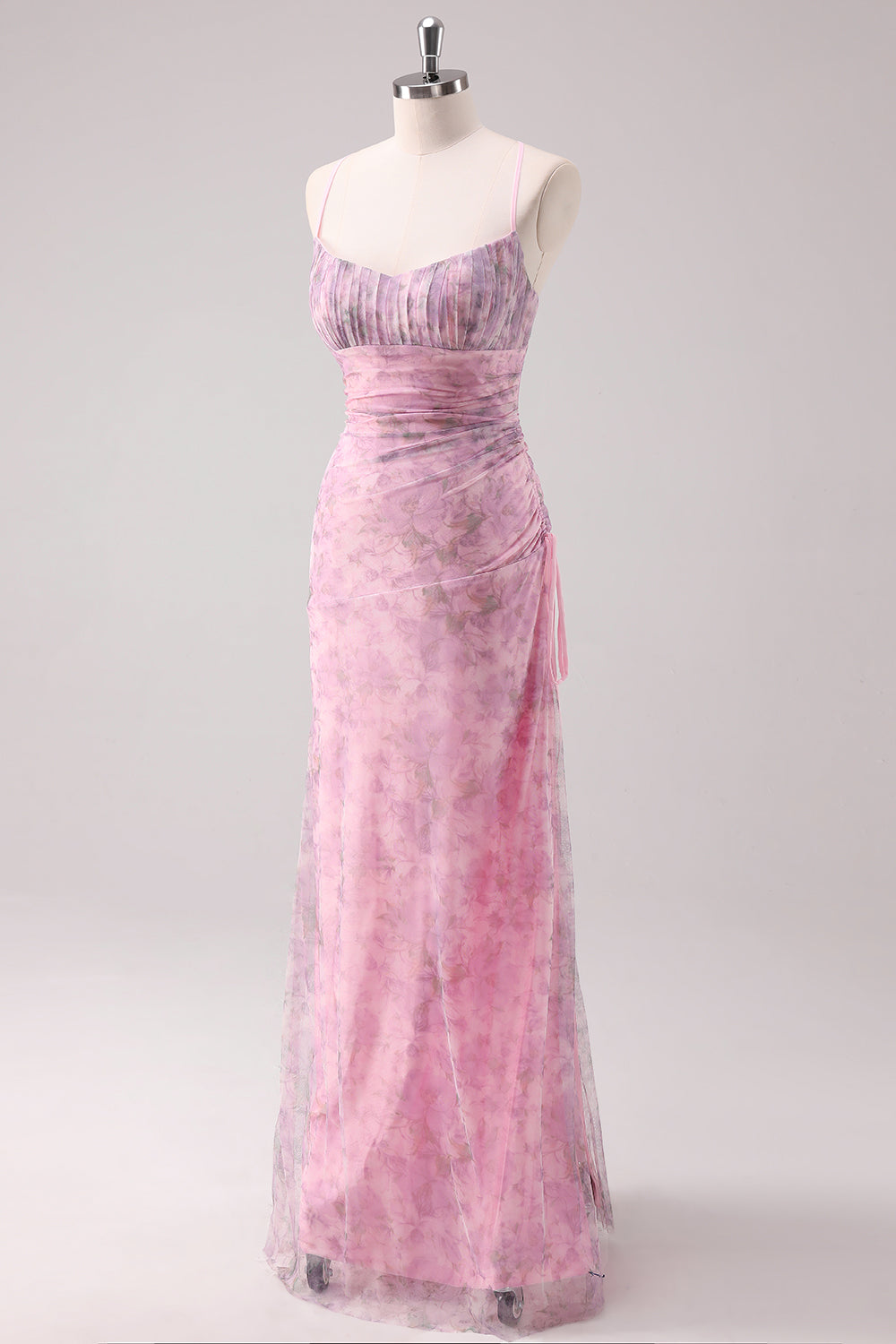 Rosa Geblümtes Spaghettiträger Etui Abendkleid