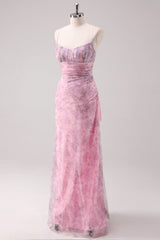 Rosa Geblümtes Spaghettiträger Etui Abendkleid