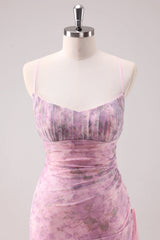 Rosa Geblümtes Spaghettiträger Etui Abendkleid
