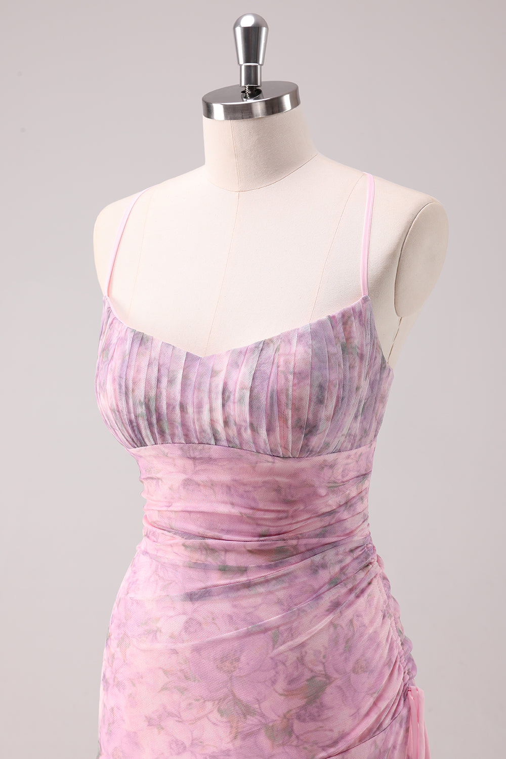 Rosa Geblümtes Spaghettiträger Etui Abendkleid